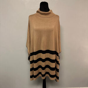Women's Faith & Zoe Tan & Black Striped Poncho Sweater 1X turtle neck trendy
